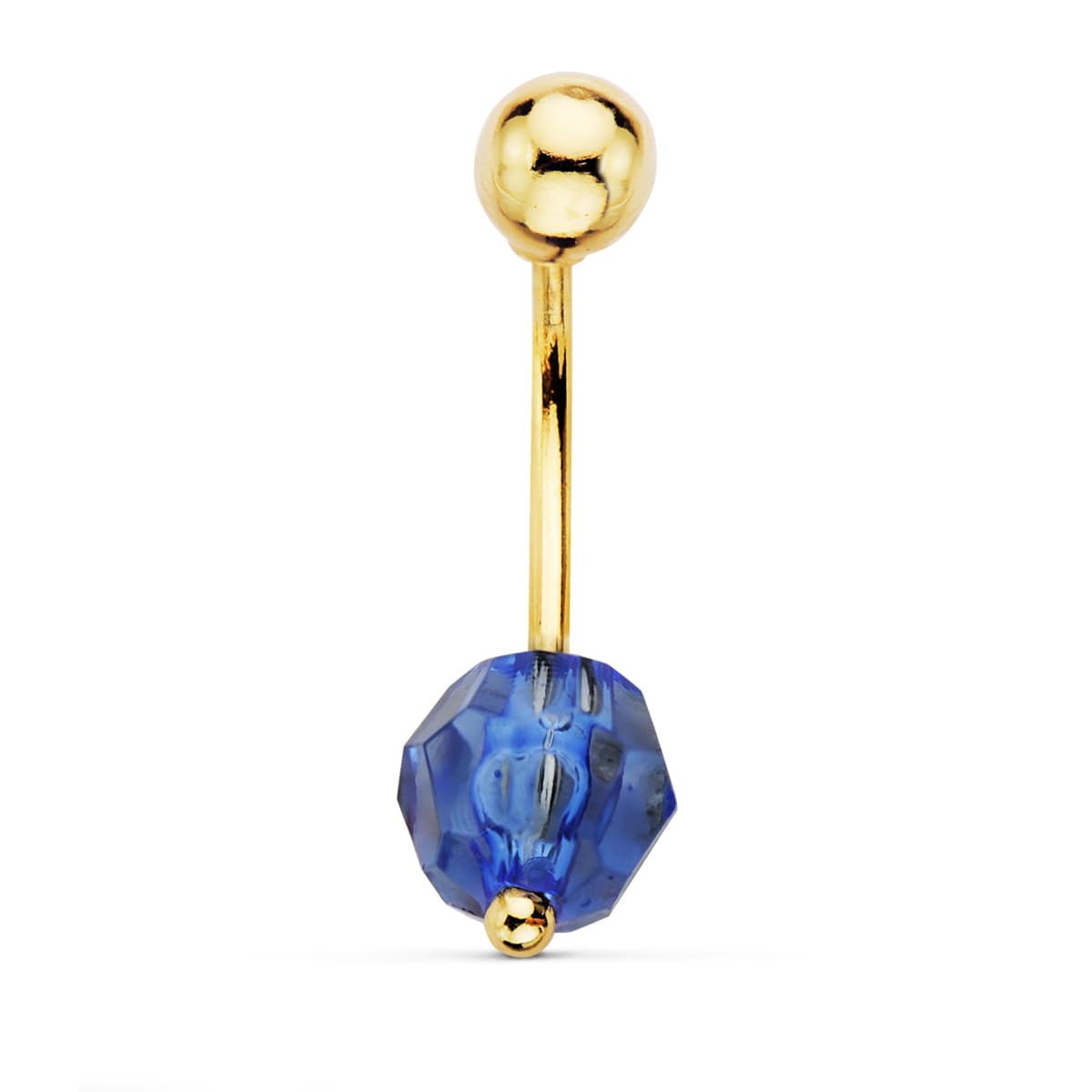 18K PIERCING OMBLIGO ORO AMARILLO BOLA AZUL 8 MM Y BOLA LISA 5 MM