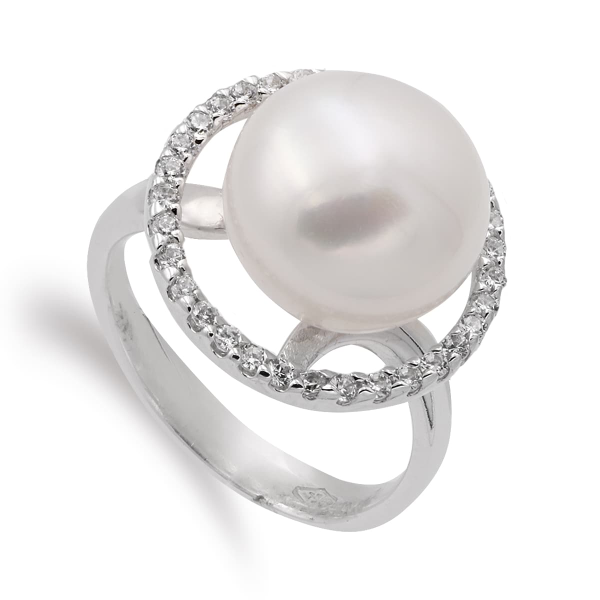 18K SORTIJA ORO BLANCO CON PERLA 10 MM Y CERCO DE CIRCONITAS CUERPO 4 MM
