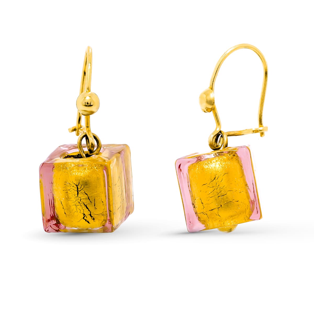 18K PENDIENTES ORO AMARILLO MURANO CUBO. 26X10 MM CIERRE GANCHO