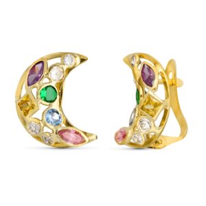 18K PENDIENTES LUNA PIEDRAS 14X10 MM