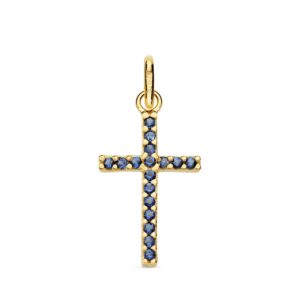 18K CRUZ ORO AMARILLO PIEDRAS AZULES 16X10 MM