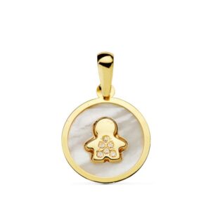 18K COLGANTE ORO AMARILLO NACAR NIÑO CIRCONITAS 12 MM