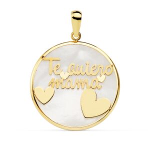 18K COLGANTE ORO AMARILLO REDONDO TE QUIERO MAMA NACAR CORAZONES 20 MM
