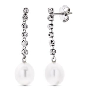 18K PENDIENTES ORO BLANCO LARGOS CON CIRCONITAS Y PERLA CIERRE PRESION 18K PENDIENTES ORO BLANCO LARGOS CON CIRCONITAS Y PERLA CIERRE PRESION