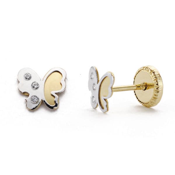 18K PENDIENTES ORO BICOLOR MARIPOSA CIRCONITAS 5 MM