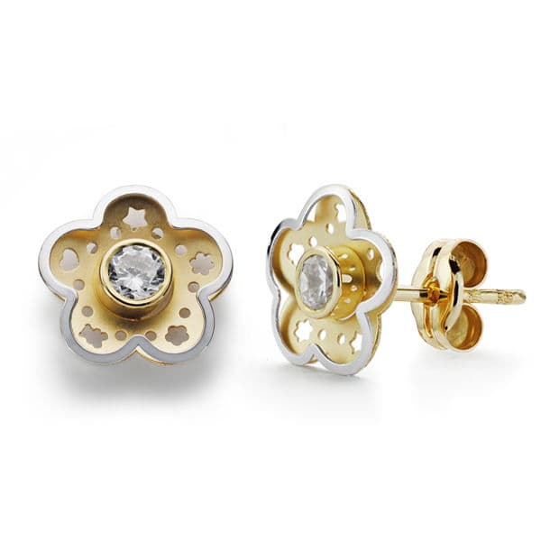 18K PENDIENTES ORO BICOLOR FLOR CIRCONITA 8 MM