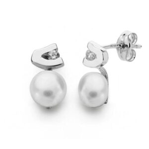 18K PENDIENTES ORO BLANCO PERLA CIRCONITA 11X6 MM