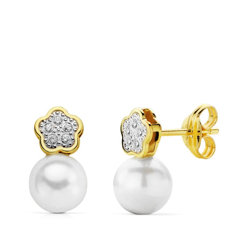 18K PENDIENTES COMUNION FLOR PERLA 12X6 MM