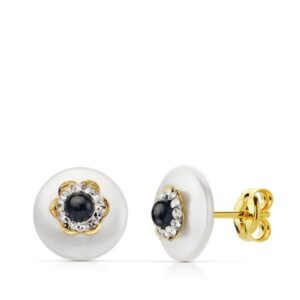 18K PENDIENTES ORO AMARILLO NACAR 9 MM PIEDRA AZUL 3 MM PRESION