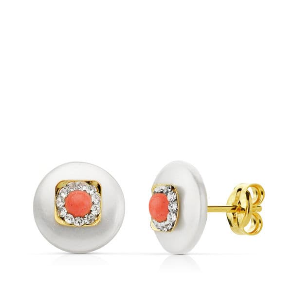 18K PENDIENTES ORO AMARILLO NACAR 9 MM CORALINA 3 MM PRESION