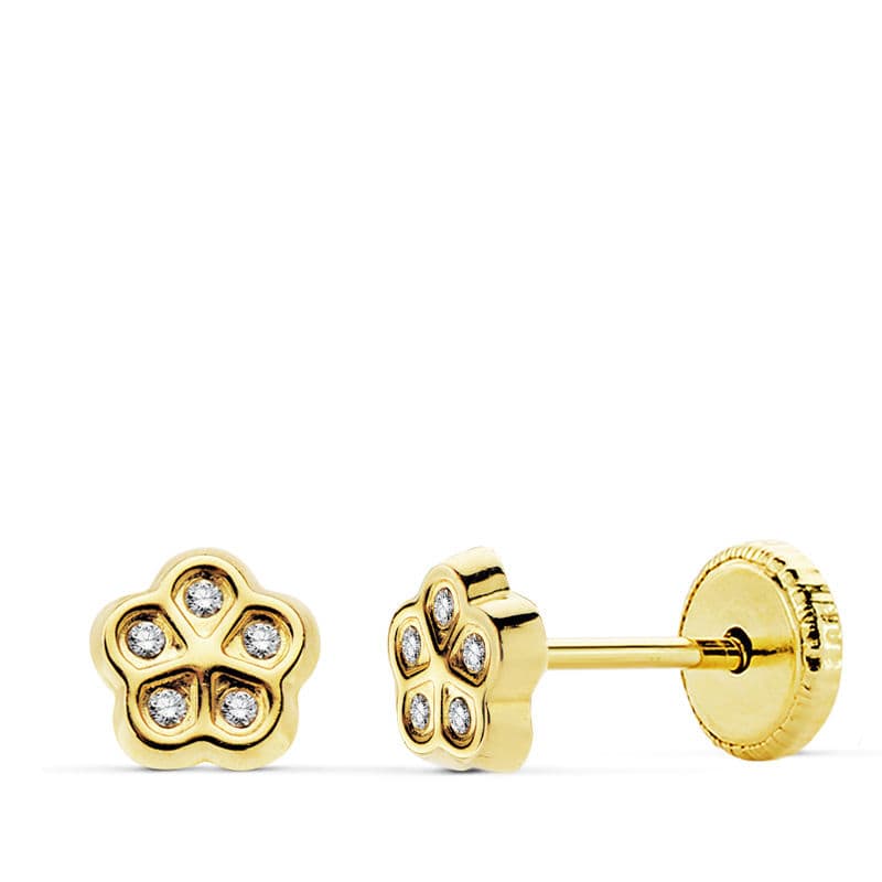 18K PENDIENTES ORO AMARILLO FLOR CIRCONITAS 5.5 MMROSCA