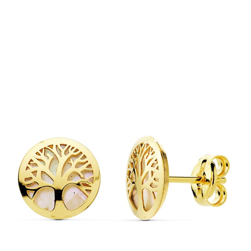 18K PENDIENTES ARBOL DE LA VIDA 8 MM NACAR