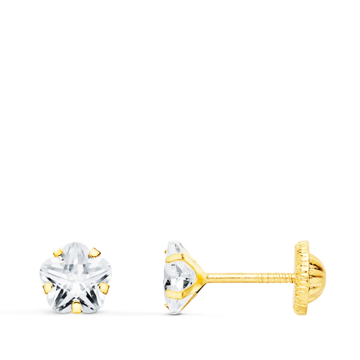 18K PENDIENTES ORO AMARILLO CIRCONITA FLOR 5X5 MM CIERRE ROSCA