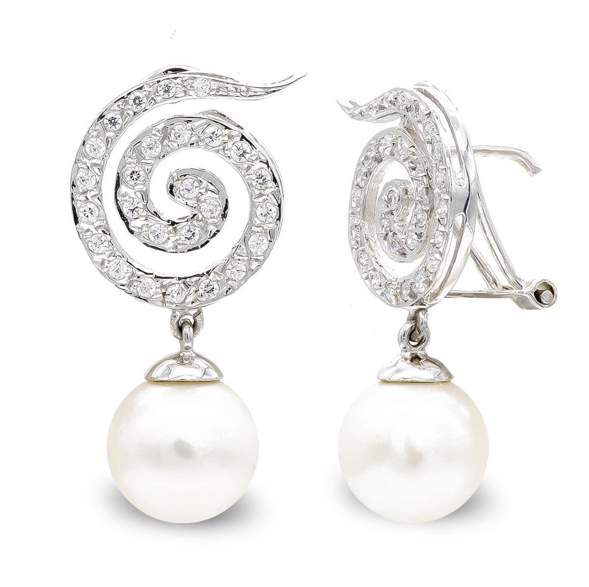 18K PENDIENTES ORO BLANCO LARGOS Y PERLA 10 MM