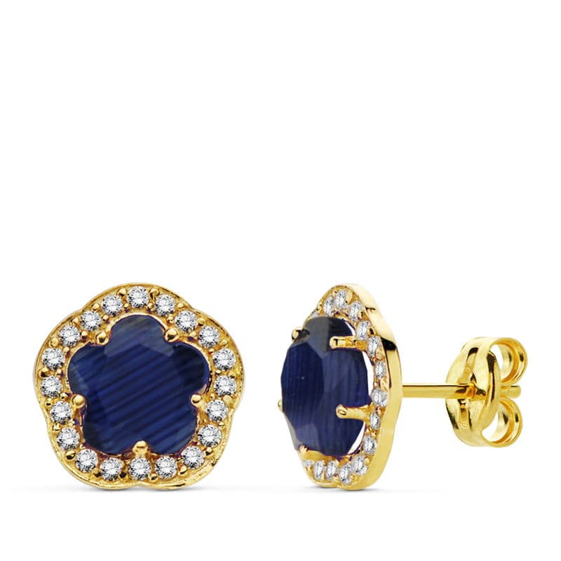 18K PENDIENTES FLOR PIEDRA AZUL. 9X9 MM