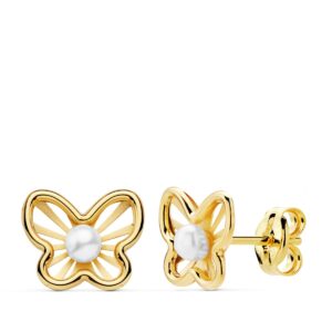 18K PENDIENTES MARIPOSAS 9X7 MM PERLAS 2.5 MM