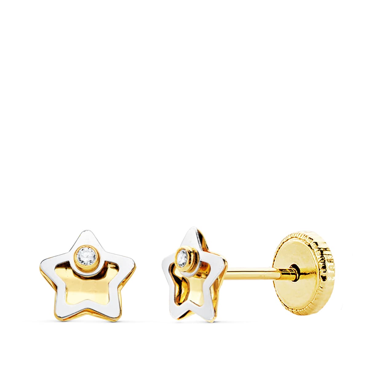 18K PENDIENTES ORO BICOLOR ESTRELLA CIRCONITA 5X5 MM