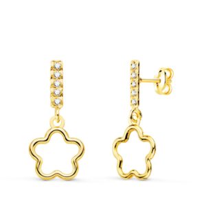 18K PENDIENTES ORO AMARILLO DOS CUERPOS COLGANTE FLOR Y CIRCONITAS 18X8 MM 18K PENDIENTES ORO AMARILLO DOS CUERPOS COLGANTE FLOR Y CIRCONITAS 18X8 MM