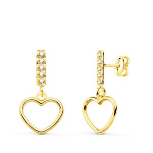 18K PENDIENTES ORO AMARILLO DOS CUERPOS COLGANTE CORAZON Y CIRCONITAS 17X9 MM