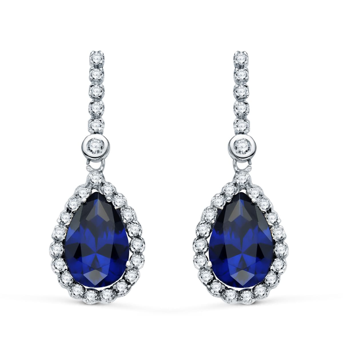 18K PENDIENTES ORO BLANCO DOS CUERPOS CON PIEDRA AZUL 12 X 8MM. 33X12MM