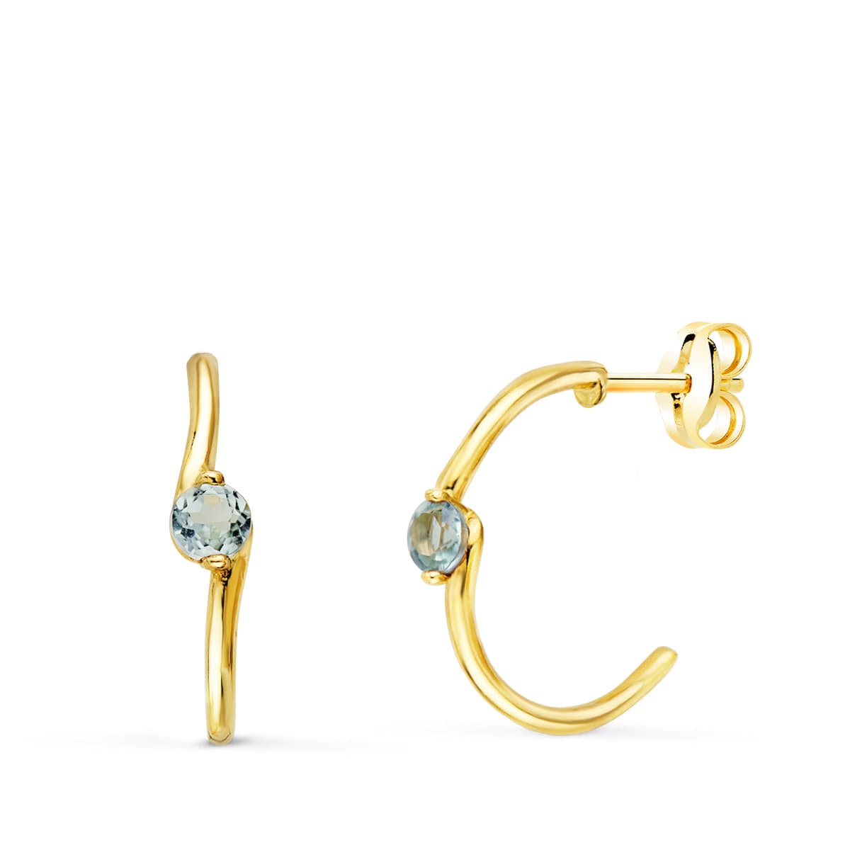 18K PENDIENTES ORO AMARILLO MEDIO ARO LISO CON AGUAMARINA 15X3 MM PRESION.