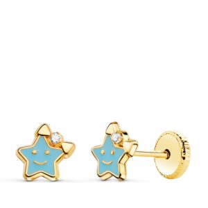 18K PENDIENTES ORO AMARILLO ESTRELLA ESMALTE AZUL CIERRE TUERCA 6,5 X 6,5 MM 18K PENDIENTES ORO AMARILLO ESTRELLA ESMALTE AZUL CIERRE TUERCA 6,5 X 6,5 MM