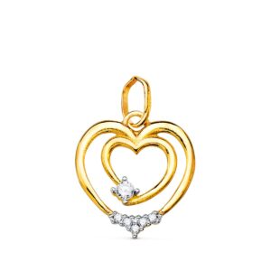 18K COLGANTE ORO BICOLOR DOBLE CORAZON CON CIRCONITAS 15X14 MM