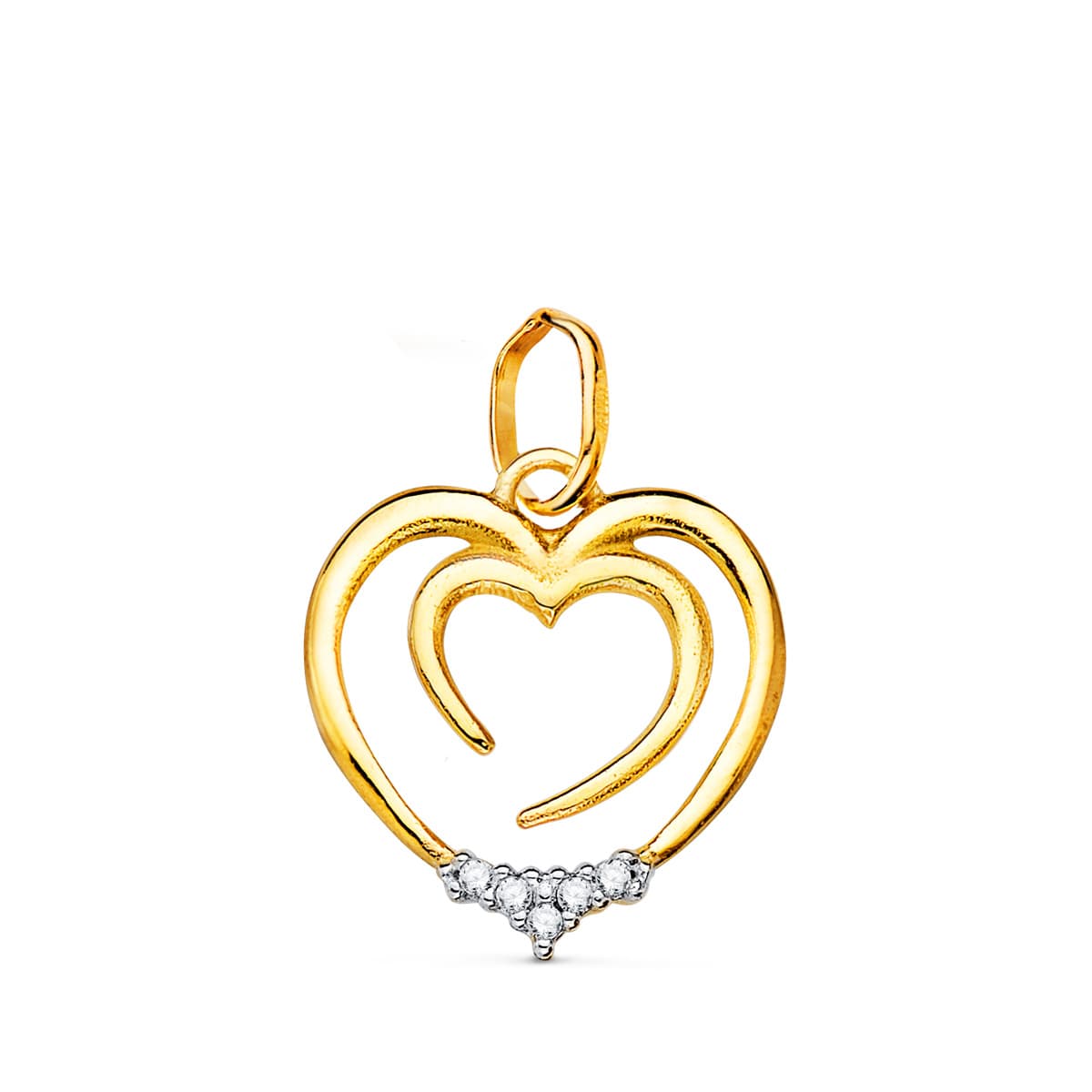 18K COLGANTE ORO BICOLOR DOBLE CORAZON CON CIRCONITAS 15X14 MM