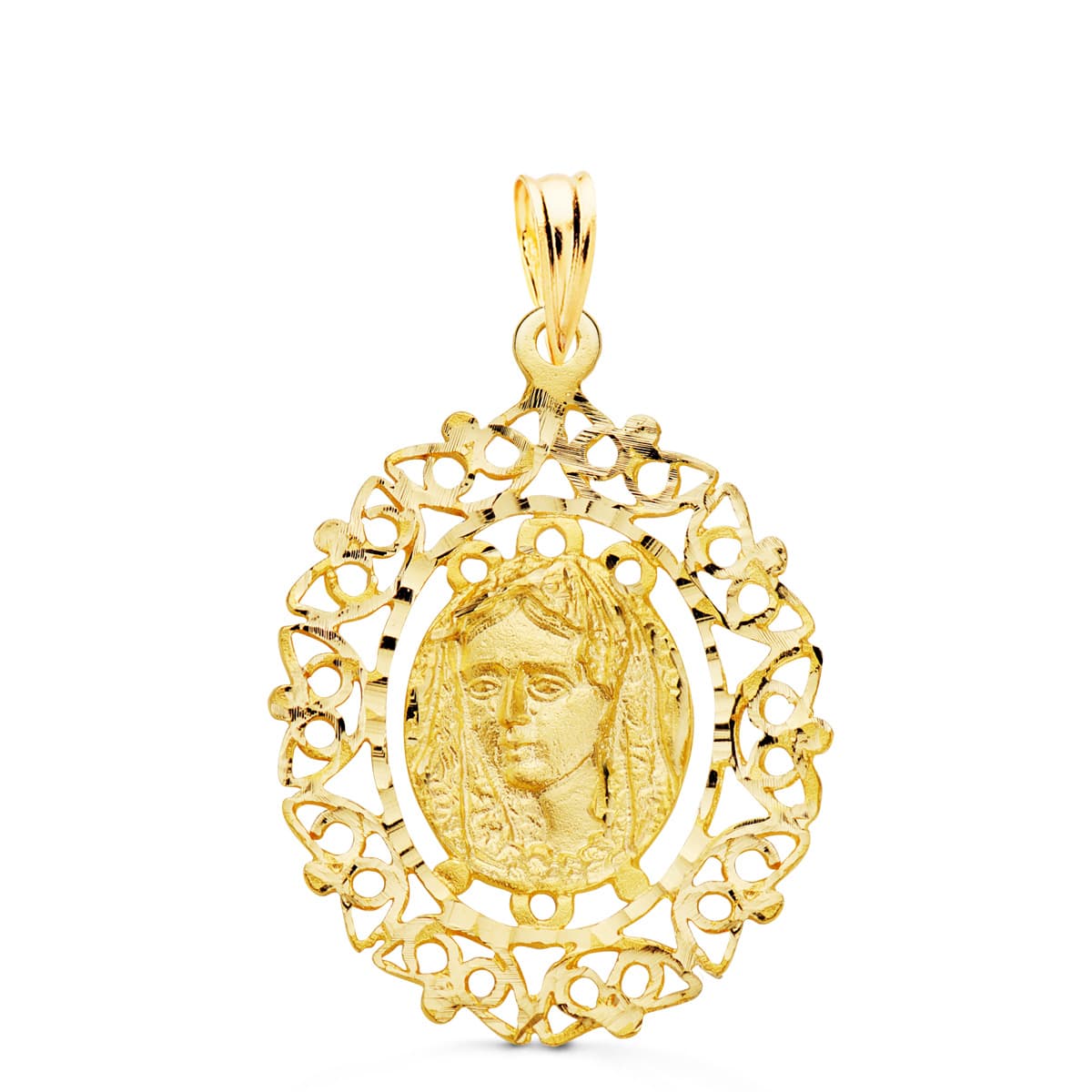 18K MEDALLA VIRGEN DE LA MACARENA CERCO FILIGRANA 28X21 MM