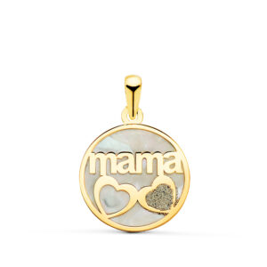 18K COLGANTE DE NACAR MAMA Y CORAZON CON POLVO DE DIAMANTE 16MM