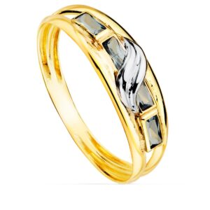 18K SORTIJA ORO BICOLOR MOTIVO Y CIRCONITAS AGUAMARINA BAGUETTE. ANCHO 6 MM 18K SORTIJA ORO BICOLOR MOTIVO Y CIRCONITAS AGUAMARINA BAGUETTE. ANCHO 6 MM