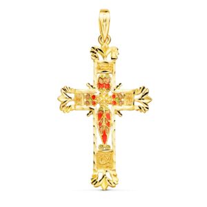 18K CRUZ ORO AMARILLO VIDRIERA CATEDRAL BORDES TALLADOS. 44X28 MM