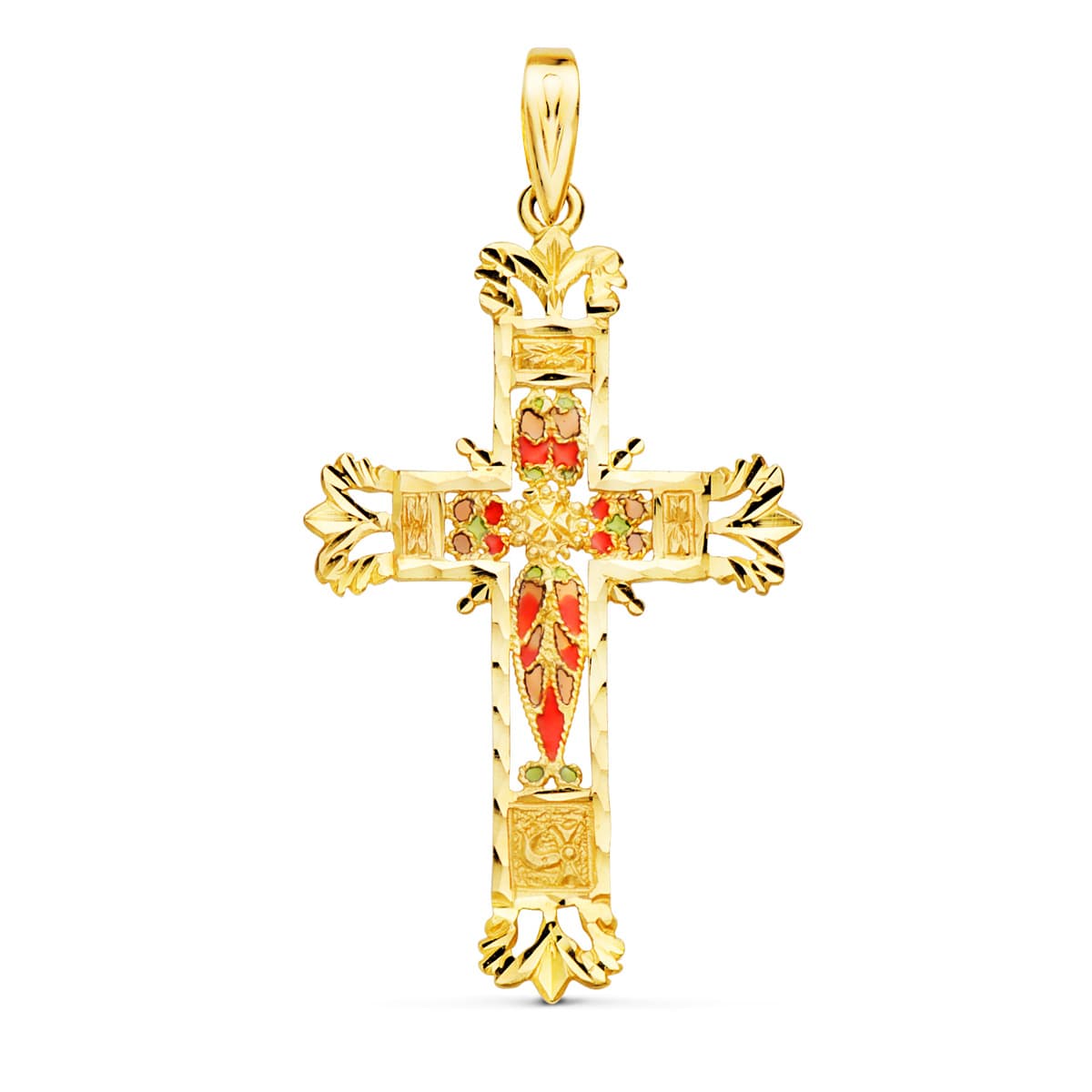 18K CRUZ ORO AMARILLO VIDRIERA CATEDRAL BORDES TALLADOS. 44X28 MM